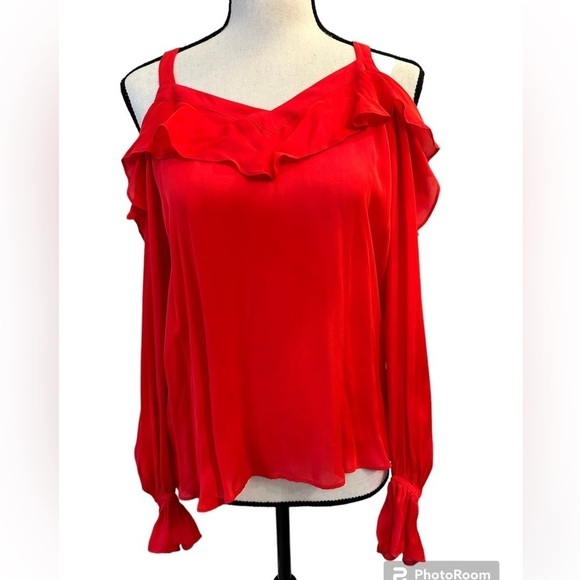 Parker shaylie silk blend cold shoulder blouse. Red tie in back - Picture 1 of 6